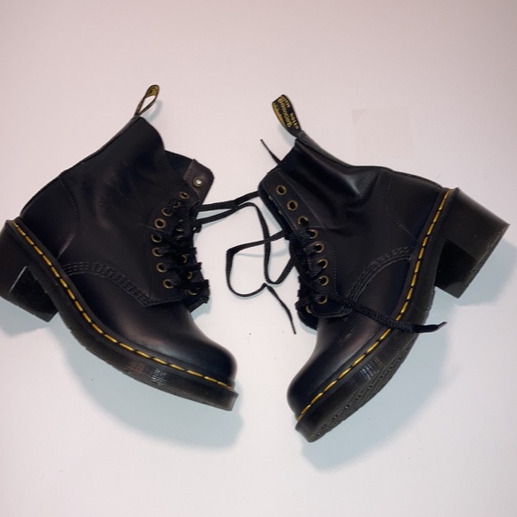 Dr martens leather black combat boots 2” heels - Picture 2 of 5